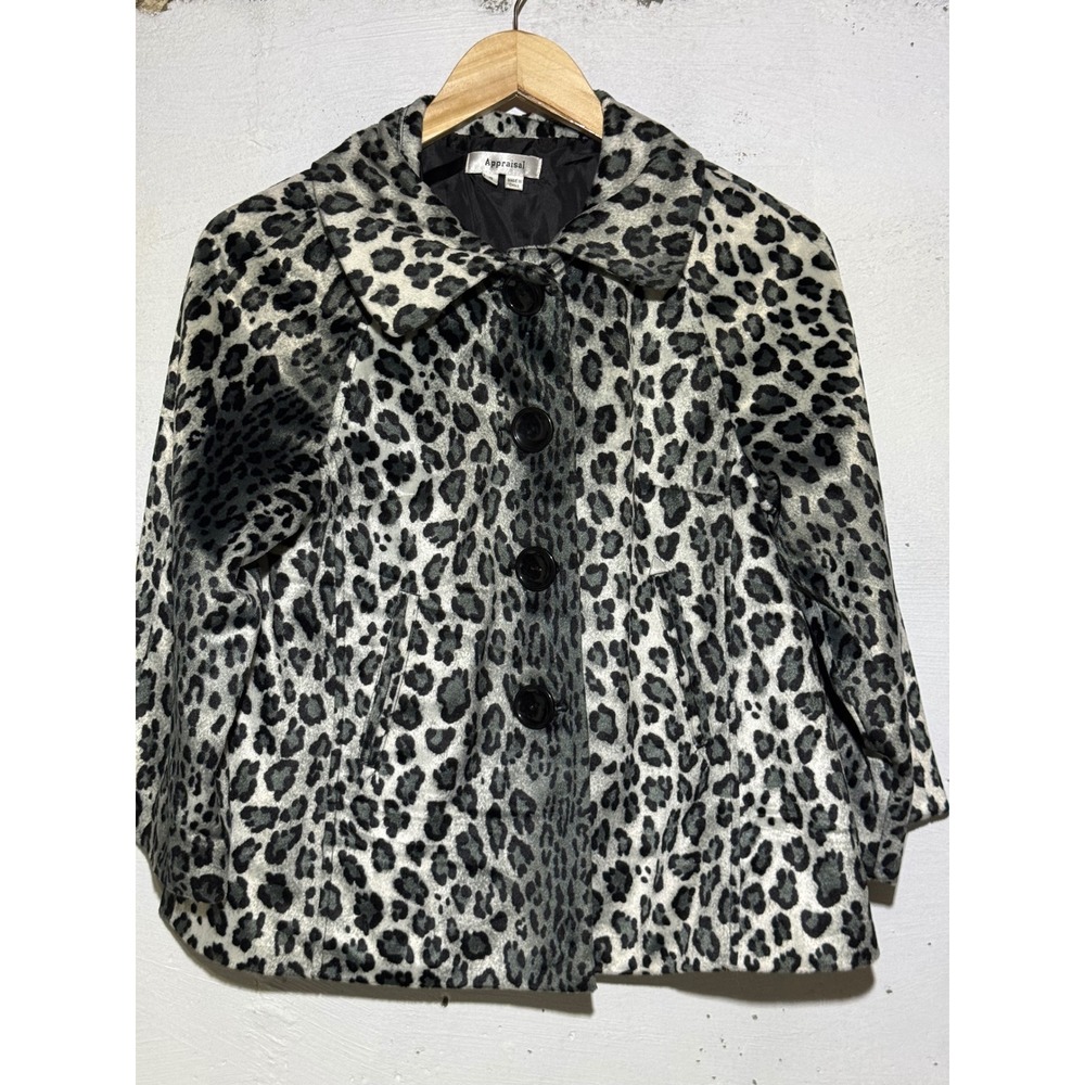 Appraisal Womens Leopard Print Pea Coat Size S Gray Black Faux Fur Mod Jacket